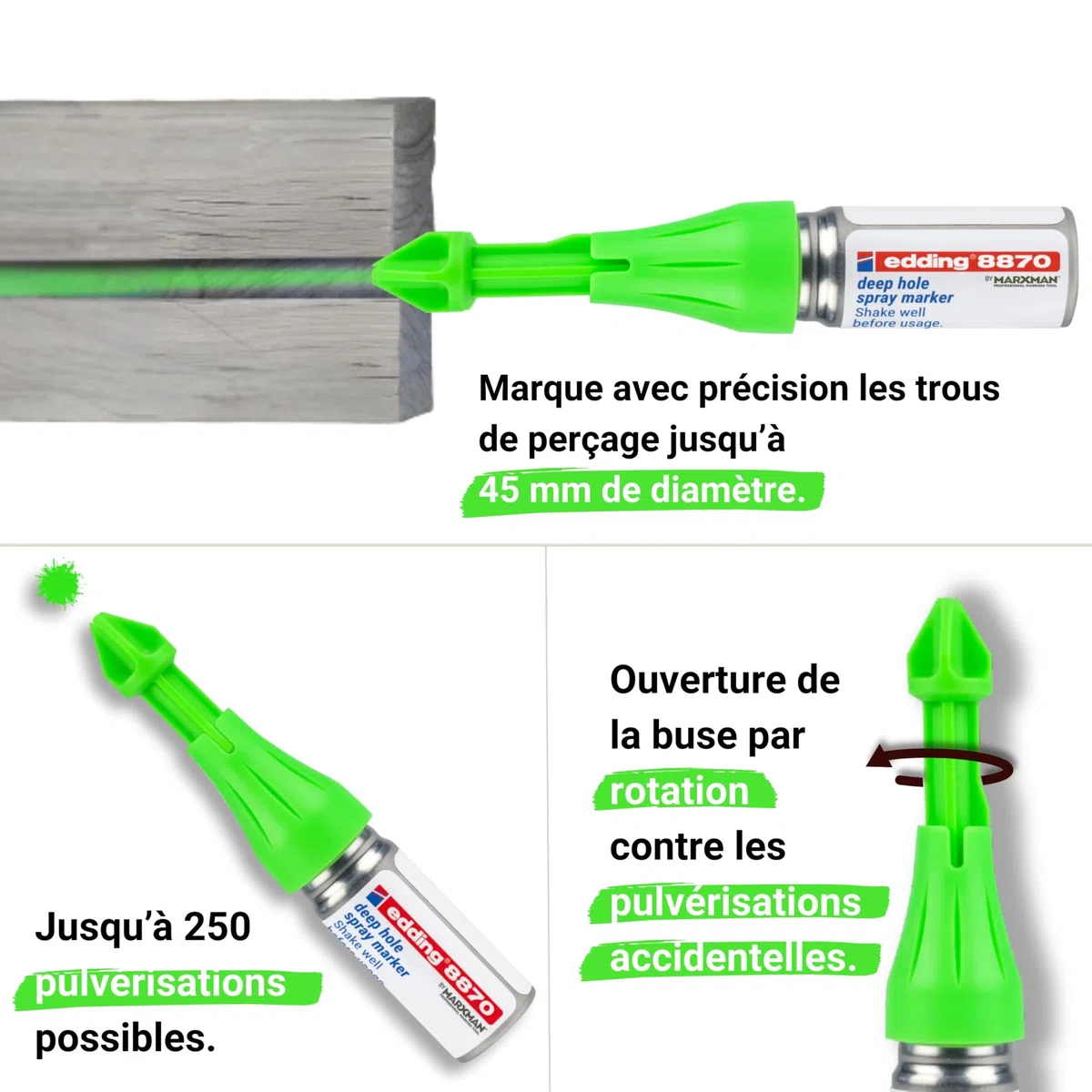 Edding Marqueur spray 8870 pour trous de perçage et zones inaccessibles – 5 Marqueurs à craie vert effaçables jusqu’à 50 mm de profondeur, pour pro & bricolage - Utilisation jusqu’à 250 pulvérisations