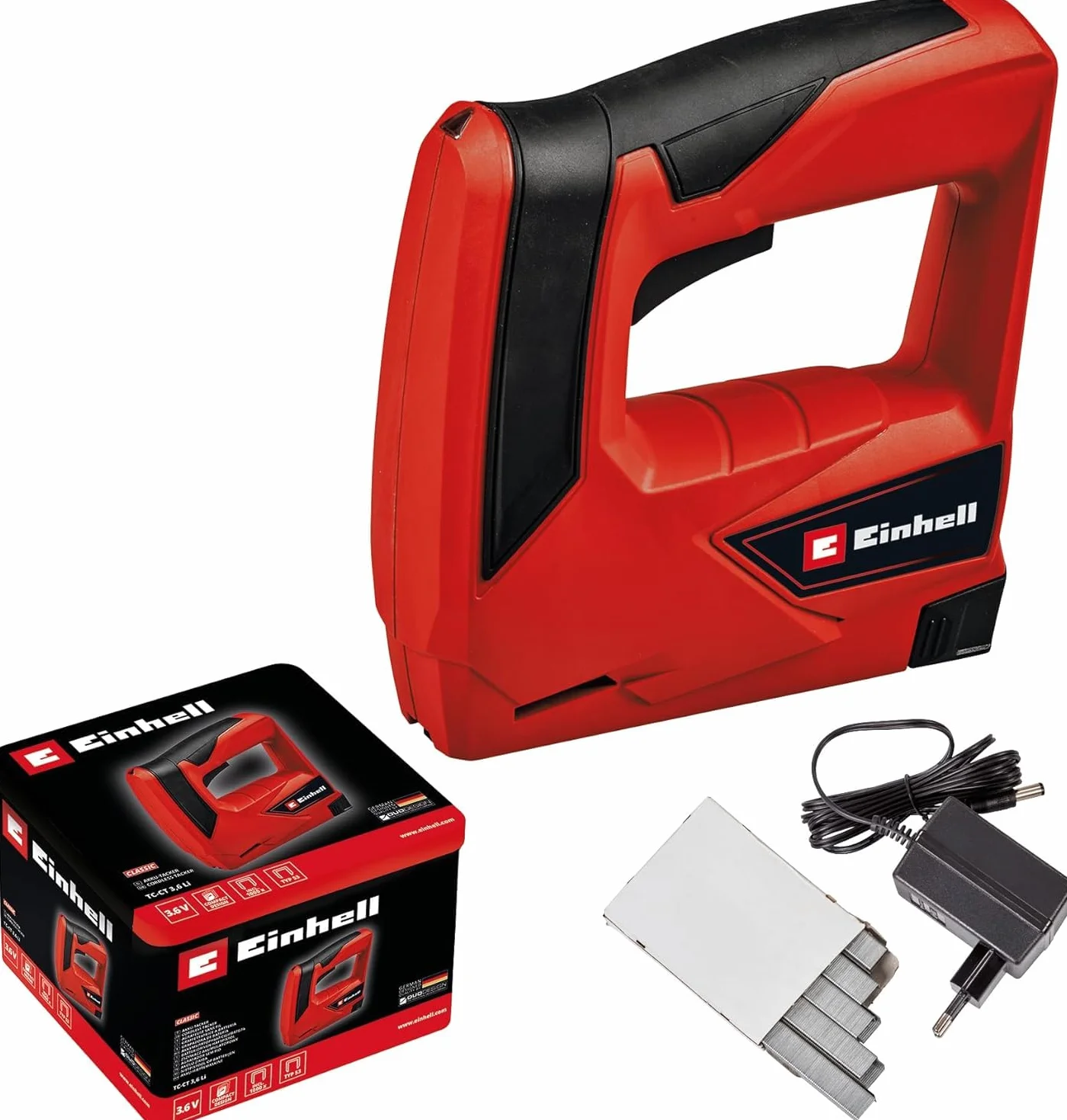 Einhell Agrafeuse électrique TC-CT 3,6 Li (3,6 V / 1,3 Ah, Type d'agrafes: 53, Longueur des agrafes 6-14 mm) Livré en boîte métallique avec 1000 agrafes