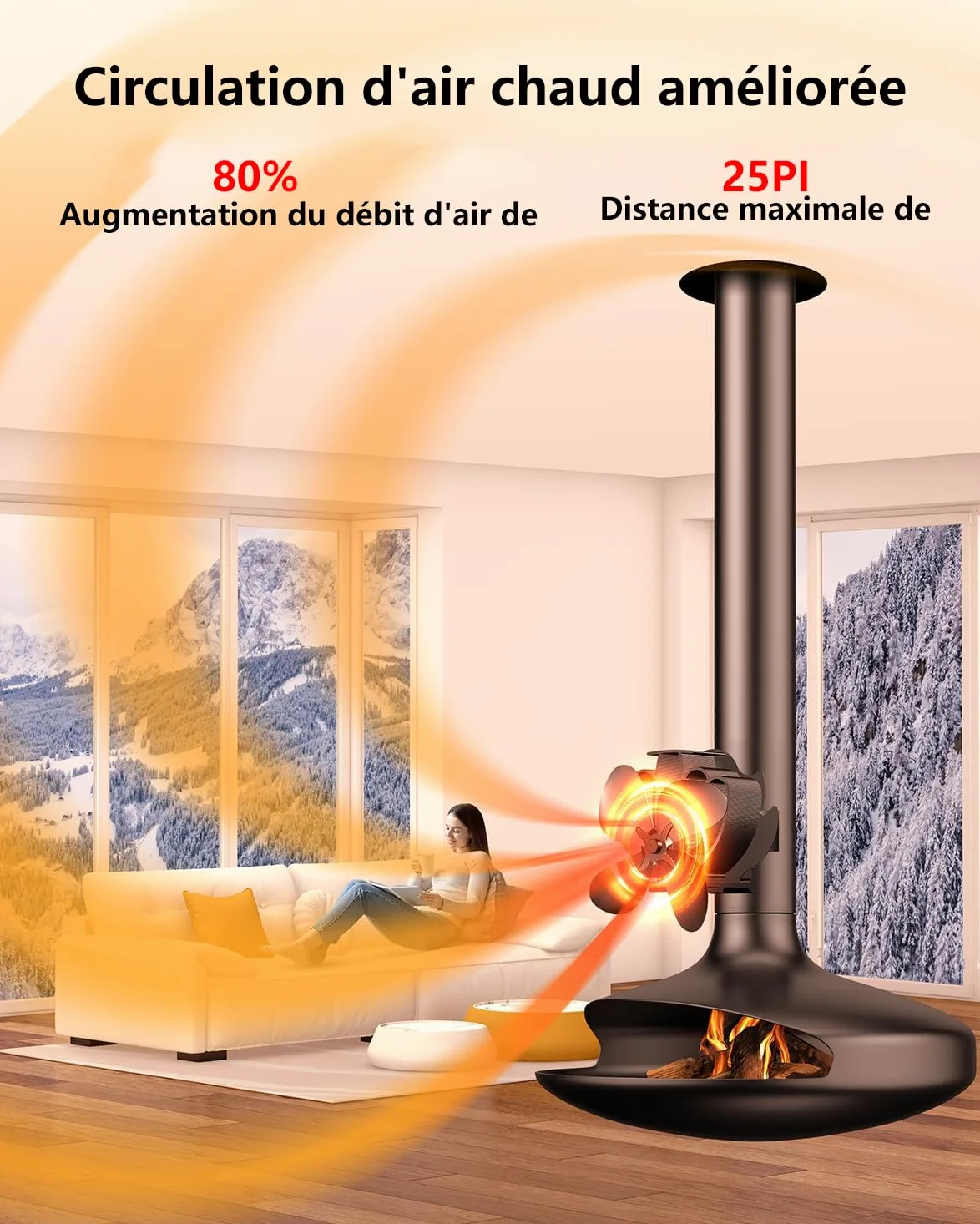Ventilateur Poele à Bois, Ventilateur de poêle à bois magnétique à 4 pales, Fixé à la cheminée, Silencieux et économe en énergie, Pour Cheminées,Poêles à Gaz,Cuisinières à Bois,Poêles à granulés (L)
