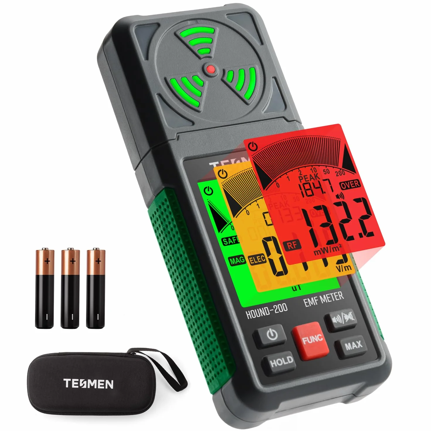 TESMEN Hound-200 Compteur EMF, Détecteur de Radiation de Champ Électromagnétique Portable 3-en-1 pour EF RF MF, pour les inspections EMF à domicile, en extérieur, et la chasse aux fantômes - Vert