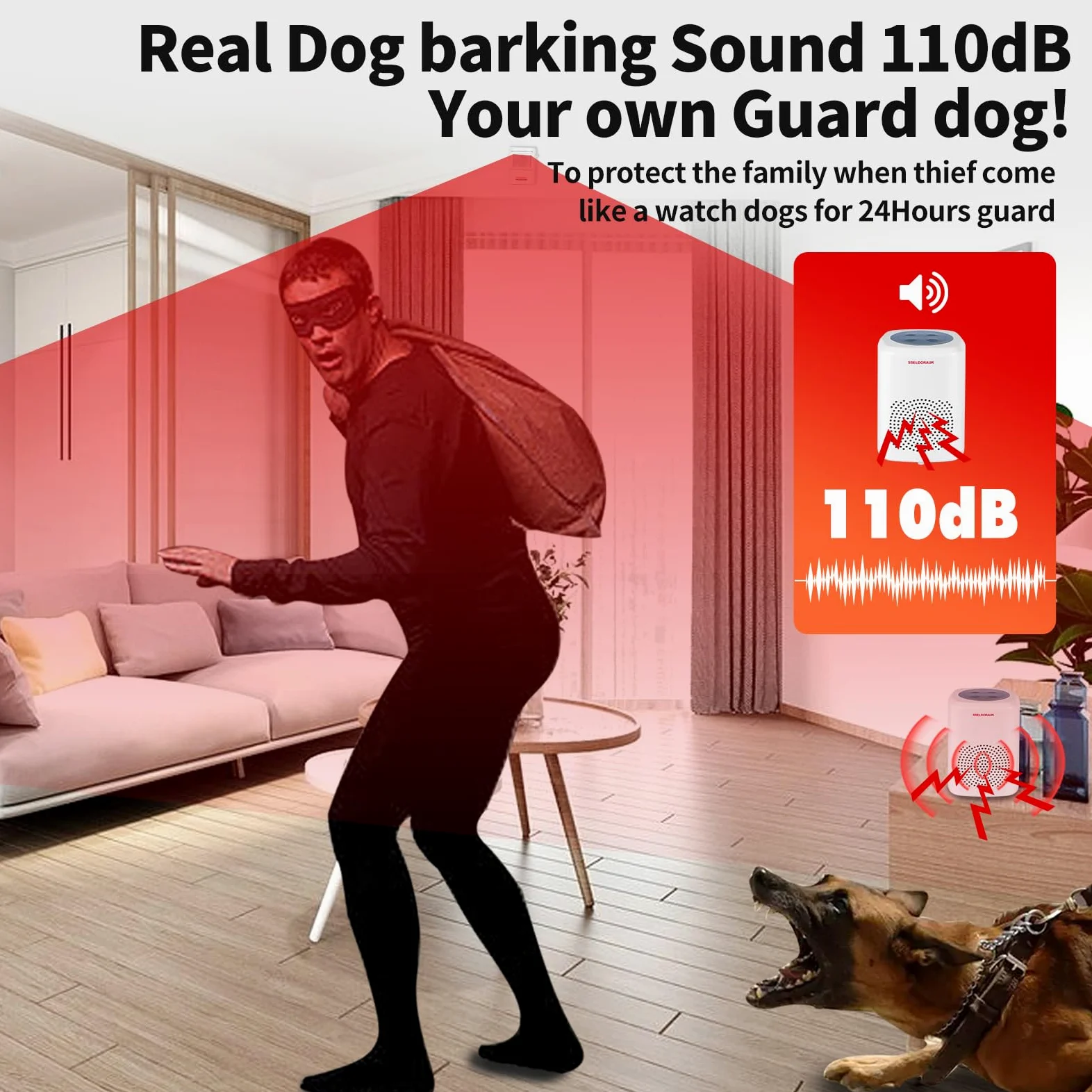 Détecteur de mouvement d'alarme d'aboiement de chien, détecteur de sécurité domestique sans fil de 300 mètres, kit de cloches de porte (lot de 1 capteur + 1 récepteur)