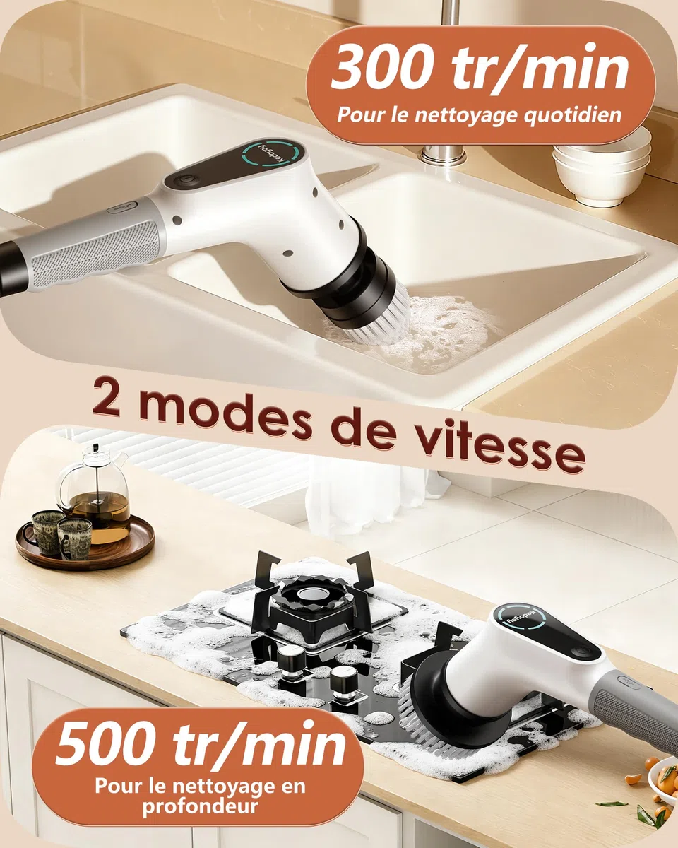 Brosse de Nettoyage électrique Rotative, Brosse de Douche avec 8 Têtes de Brosse Remplaçables, Electric Spin Scrubber avec Manche Extensible, 2 Vitesses Réglables, pour Baignoire, Coulis, Carrelage