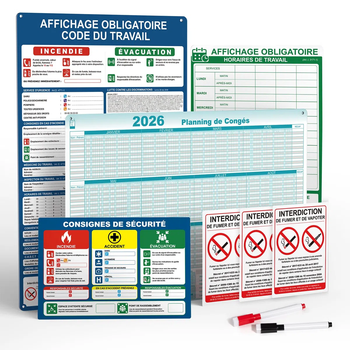 affichage obligatoire entreprise 2026 – Kit 9 Panneaux en PVC Rigide – Surface Brillante Effaçable – Impression UV Haute Définition – Adhésif Intégré et Trous de Fixation Inclus