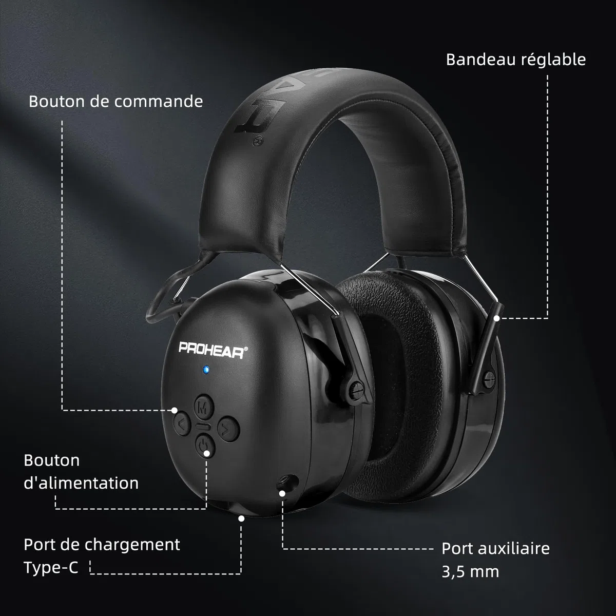 PROHEAR 037 Bluetooth 5.4 Casque Anti Bruit, Musique Protection Auditive Rechargeable avec Sac Transport, Cache-Oreilles de Protection pour Tonte, Construction, Menuiserie, SNR 30dB - Noir