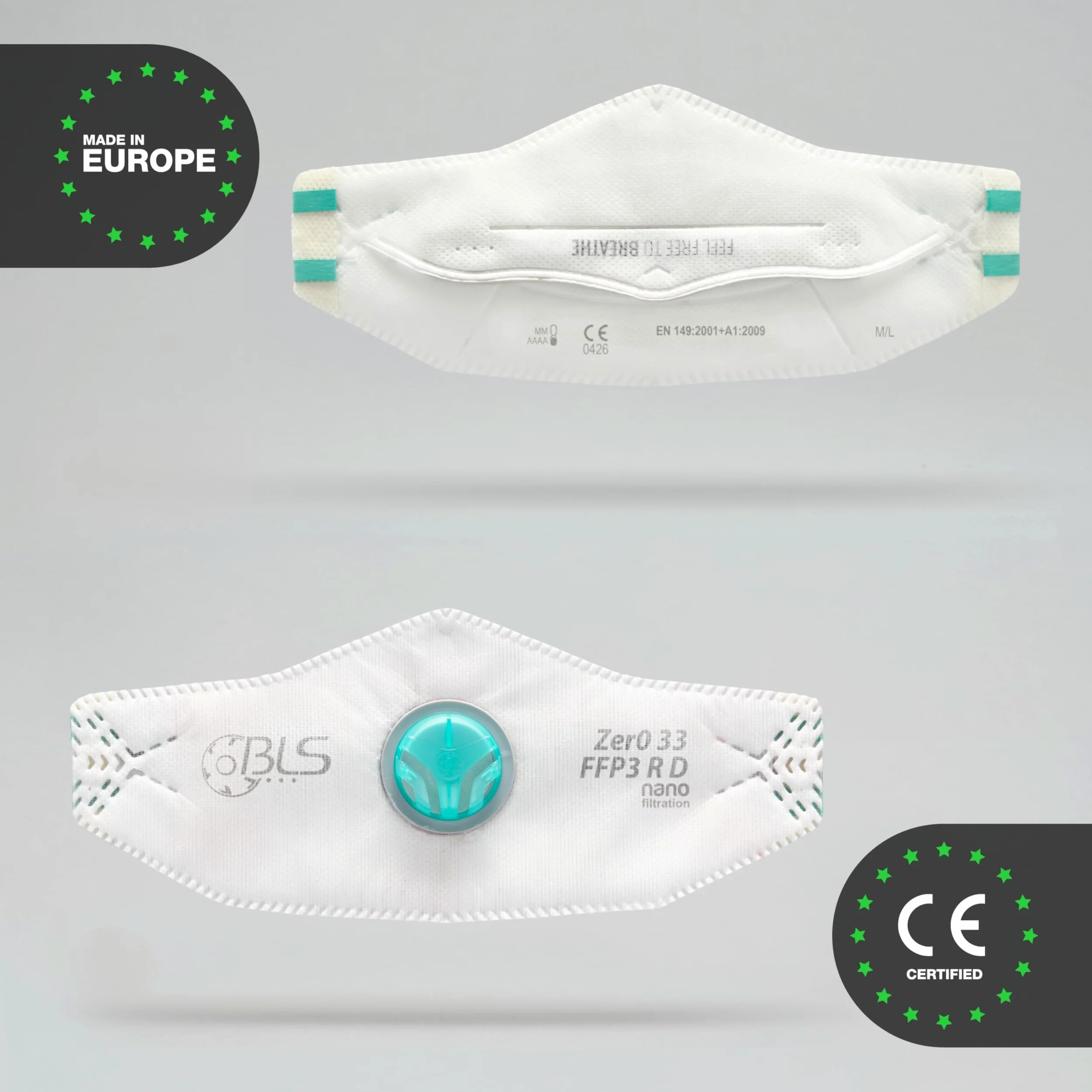BLS Zer0 33 FFP3 R D | Trousse de 10 masques FFP3 plats à trois volets avec valve d'expiration | Certifié CE | Fabriqué en Europe