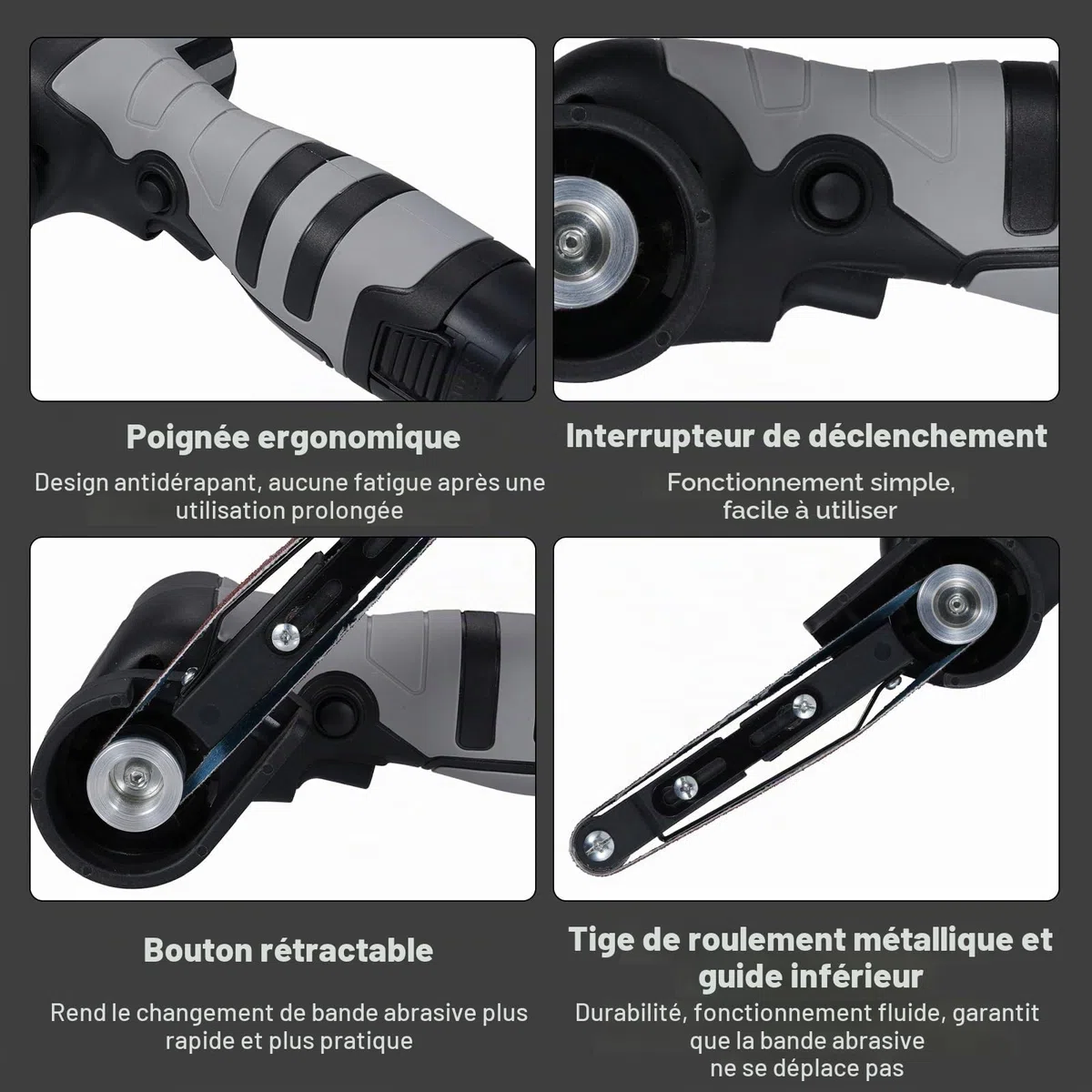 Geevorks Ponceuse à bande électrique Mini-ponceuse à bande de 6500 tr/min et 10 bandes abrasives pour bois, métal et plastique
