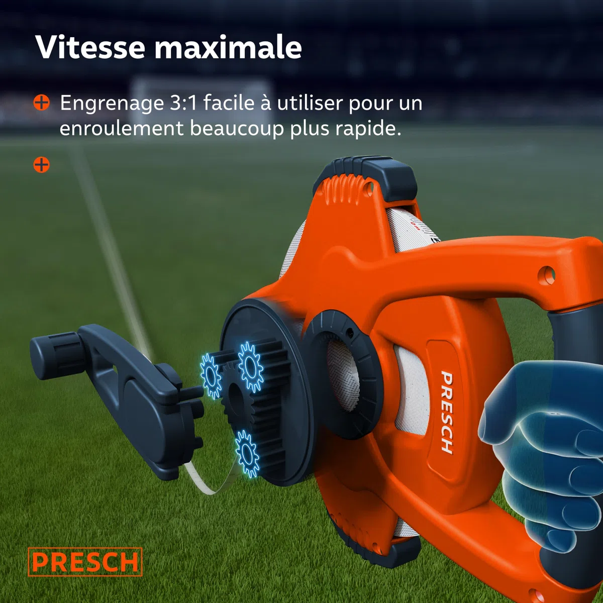 Presch Mètre Ruban 50m – Décamètre en Fibre de Verre résistant – Retour Rapide 3:1 – Verrouillage par Manivelle – Maintien sûr avec crochet multifonctions - Mètre enrouleur, Ruban d'Arpenteur