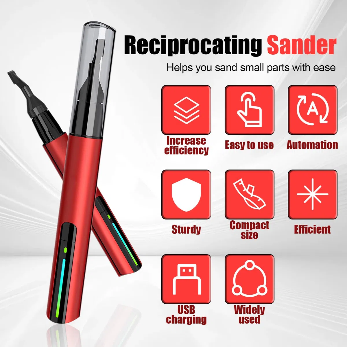Ponceuse sabre avec 8 têtes abrasives, 12 types de papier de verre, mini stylo abrasif électrique, protection surcharge, 3 vitesses, charge USB rapide