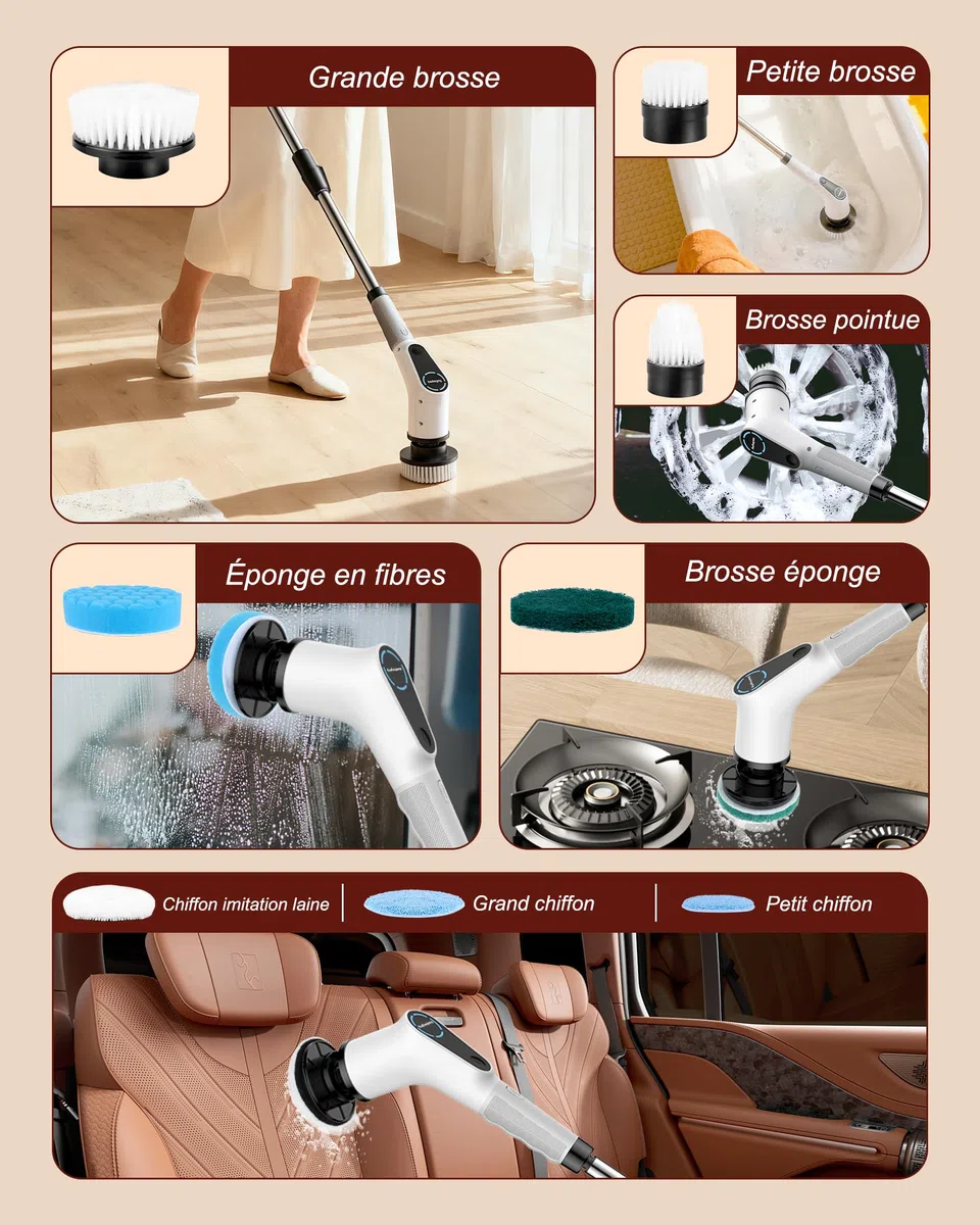 Brosse de Nettoyage électrique Rotative, Brosse de Douche avec 8 Têtes de Brosse Remplaçables, Electric Spin Scrubber avec Manche Extensible, 2 Vitesses Réglables, pour Baignoire, Coulis, Carrelage