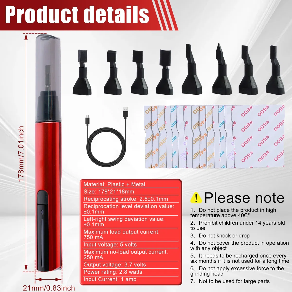 Ponceuse sabre avec 8 têtes abrasives, 12 types de papier de verre, mini stylo abrasif électrique, protection surcharge, 3 vitesses, charge USB rapide