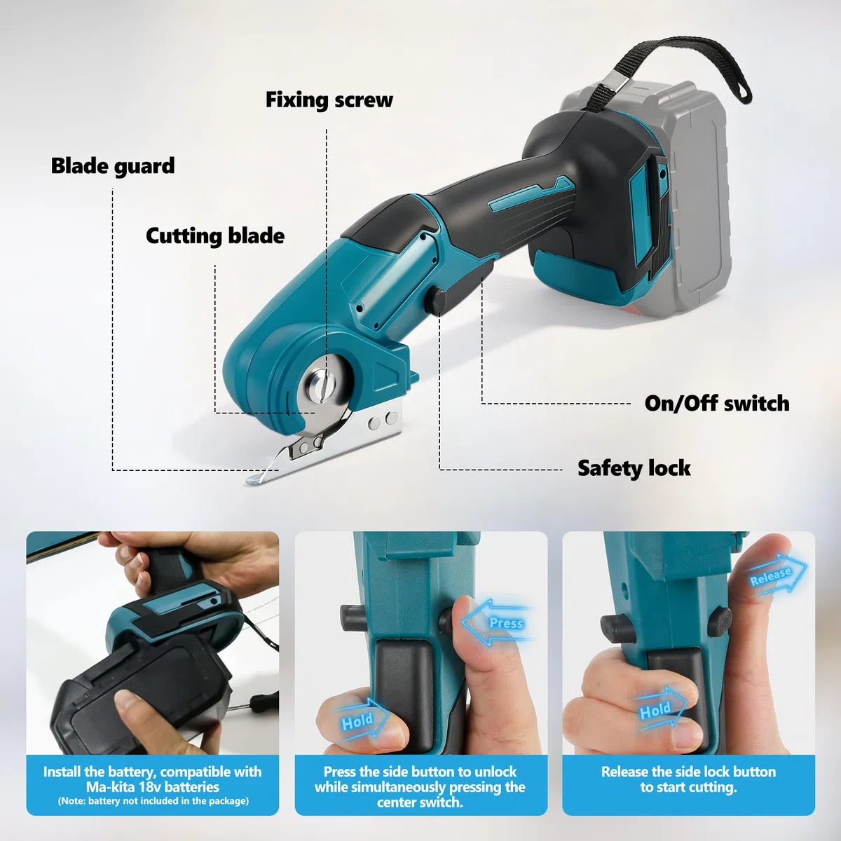 Cutter multifonction sans fil compatible avec batterie Makita 18 V (sans batterie), coupe-carton sans fil, ciseaux électriques à tissu avec 3 lames et sac de rangement, profondeur de coupe de 6 mm