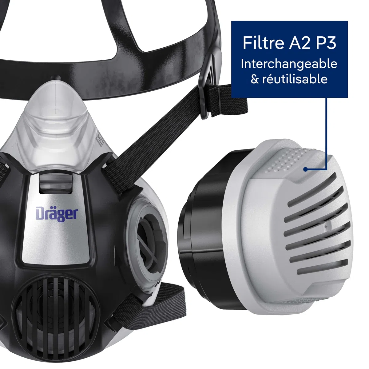 Dräger X-plore 3300 Masque de protection respiratoire adapté aux peintures solvants, époxy résine, poussières, demi-masque de peinture avec 2 cartouches A2 P3