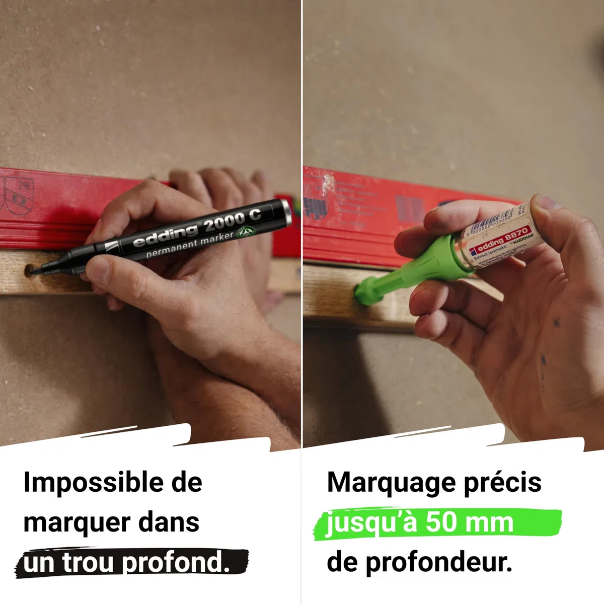Edding Marqueur spray 8870 pour trous de perçage et zones inaccessibles – 5 Marqueurs à craie vert effaçables jusqu’à 50 mm de profondeur, pour pro & bricolage - Utilisation jusqu’à 250 pulvérisations