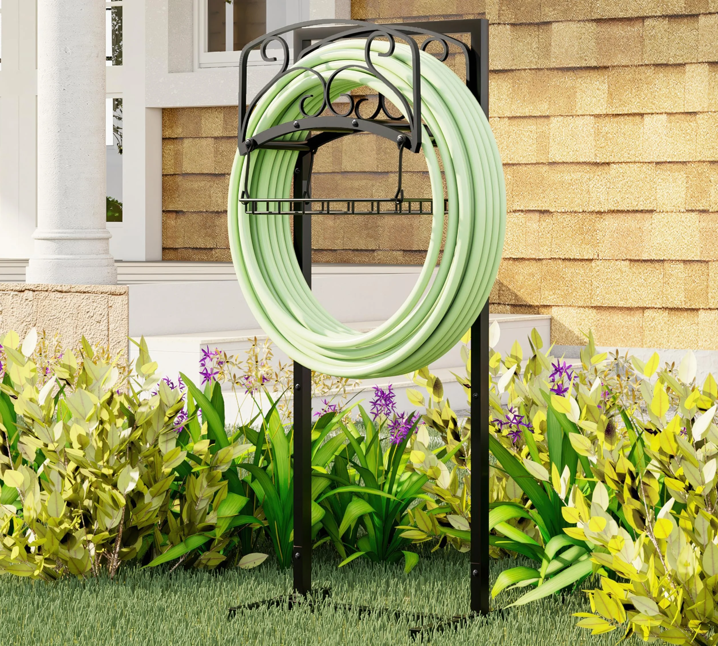 Kingson Support de tuyau d'arrosage portable avec panier de rangement – Support en acier robuste, peut contenir un tuyau de 45 m, finition noire, design amovible