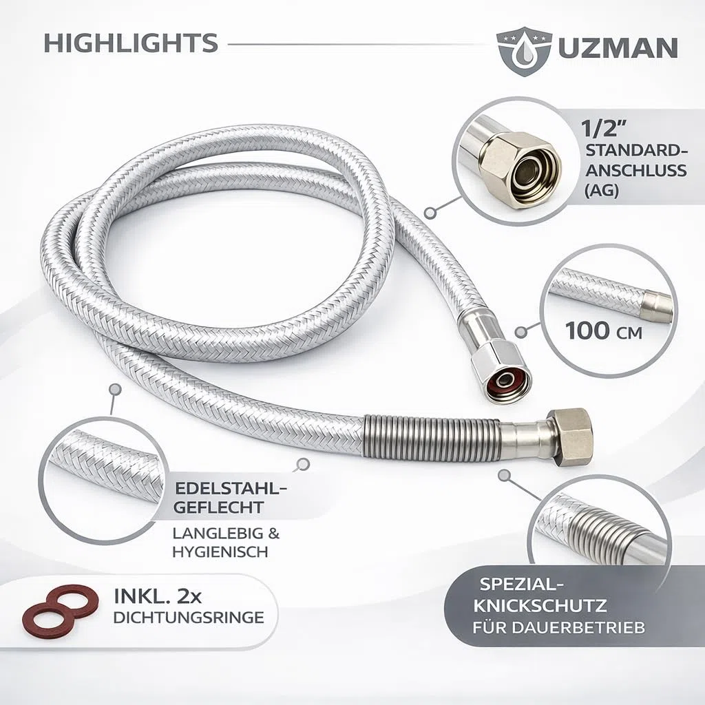 UZMAN Tuyau de douche Gastro 100 cm avec protection spéciale anti-torsion – Raccords standard 1/2" avec joints Tuyau de rechange pour cuisine et restauration