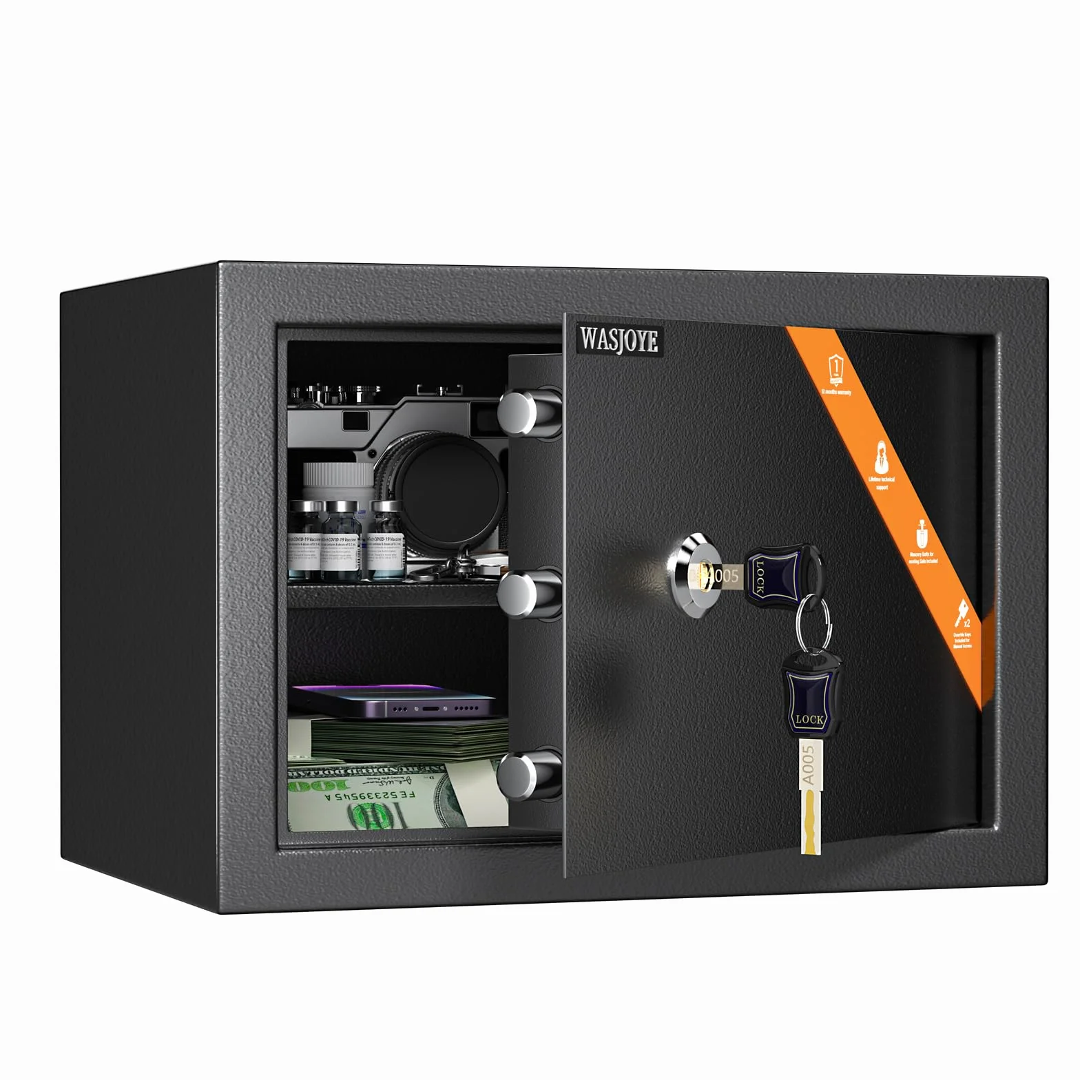 Coffre-Fort avec 2 Clés, WASJOYE Boîte de Serrure à Clé, 19L Boîte de Sécurité à Domicile/Bureaux, Coffre-Fort en Acier pour Ranger l'Argent, Bijoux, Médicaments, Téléphones, Passeports, 25*35*25cm