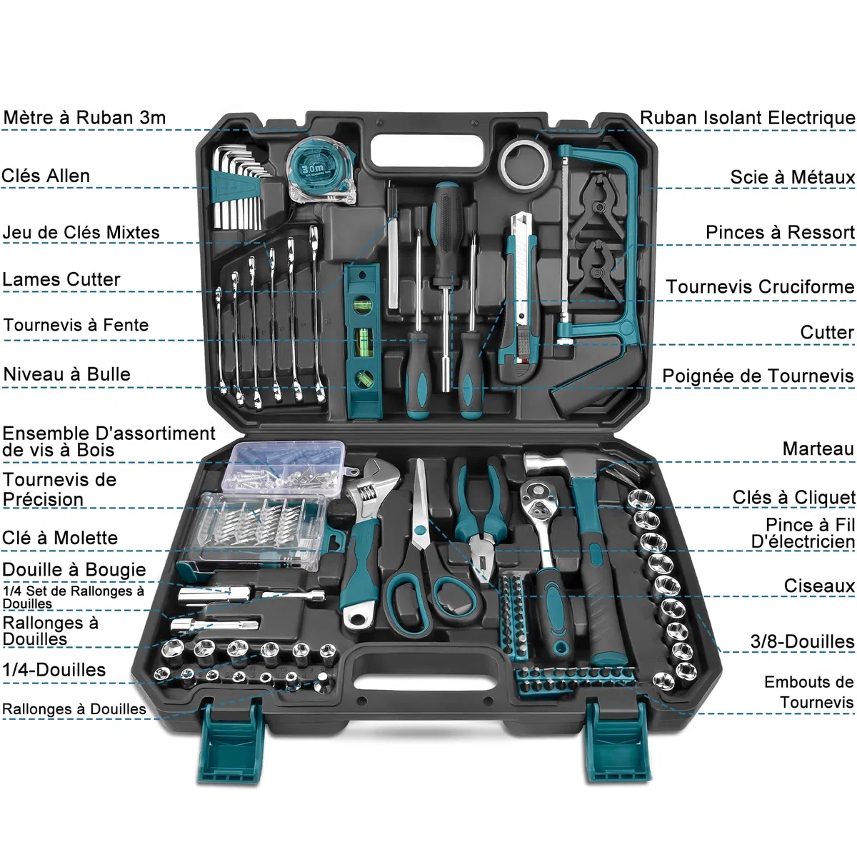 Mallette à Outils 257 Pièces Caisse à Outil Complete - Sundpey Boite a Outils Portable Marteau Pinces Tournevis Clé Douille Ruban Mesurer Kits d'Outils Réparation Combiné