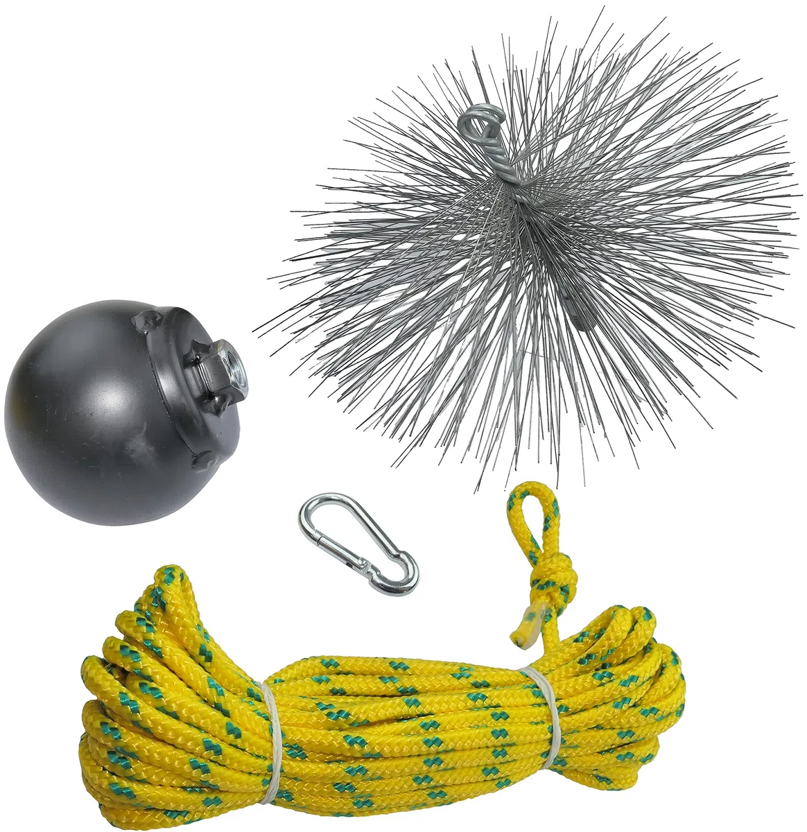 AERZETIX - C49990 - Kit de ramonage - Outils de nettoyage pour déboucher les cheminées conduits - Brosse en métal Ø150mm - Corde Ø5mm longueur 10m - Boulet 1.3kg - Mousqueton