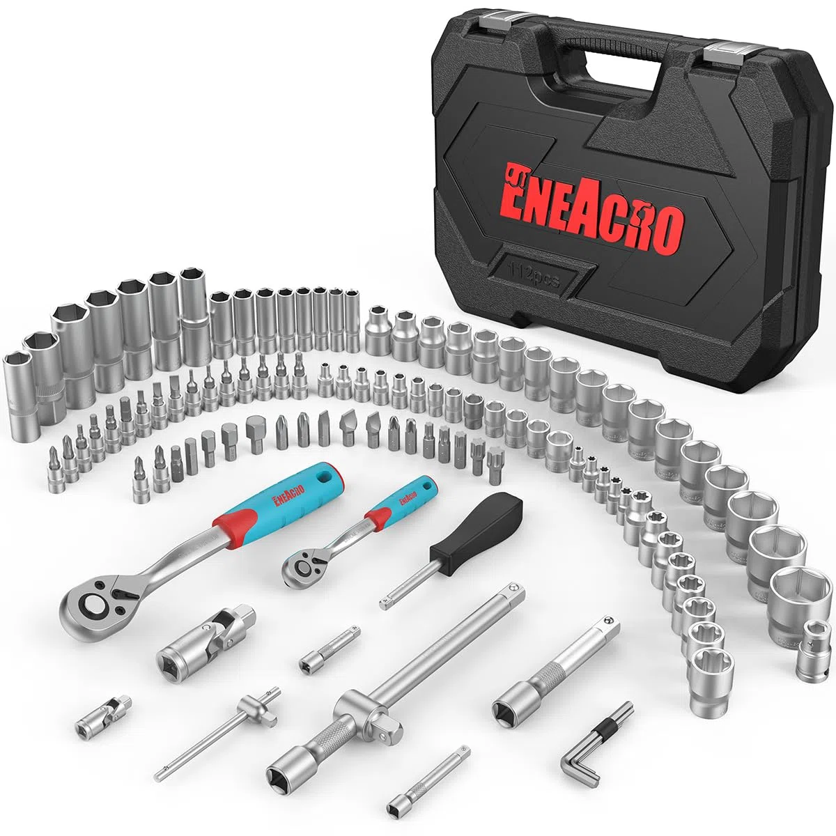 ENEACRO Coffret Cliquet 112 Pièces, Malette Outils avec 1/2" & 1/4", Douilles, Extensions, Bits, Acier Chrome-Vanadium, Coffret Douille Inclus
