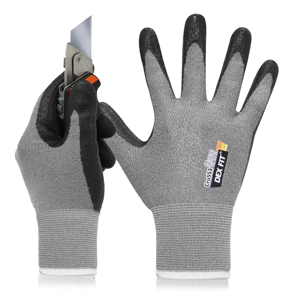 DEX FIT Cru553 Gants Anti-Coupure Niveau 5, Power Grip Antidérapant, Confort 3D comme à Mains Nues, Fins & Légers, Respirants, Compatibles Écran Tactile, Lavables; Prime Gris 9 (L) 1 Paire