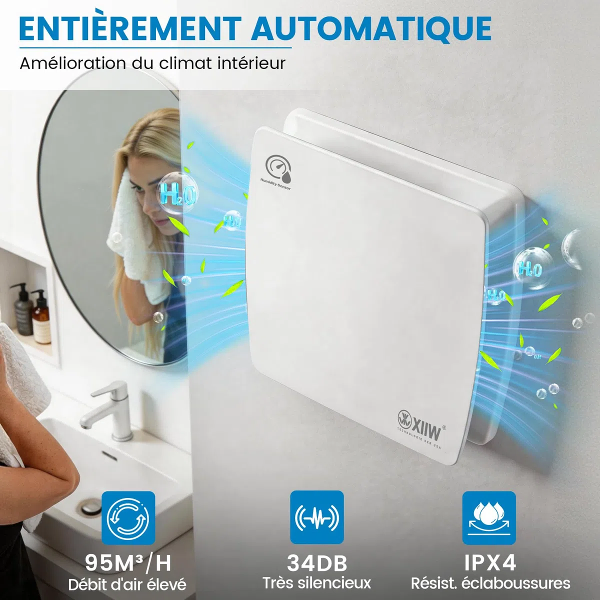 XIIW 100mm Extracteur d'Air VMC Salle de Bain Hygroréglable et Minuterie | 12W 95m³/h 34dB IPX4, Clapet Anti-Retour, Silencieux Ventilateur Salle de Bain, Cave WC et Cuisine, Mural& Plafond, Blanc