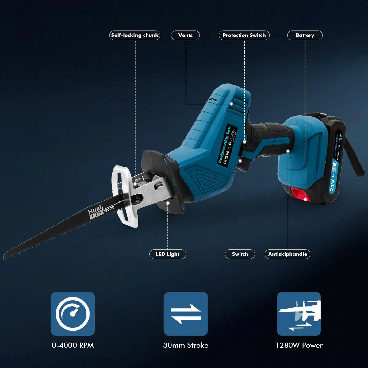 Scie sabre universelle à batterie de 0-4000 tr/min 21V sans fil | Scie réciproque avec éclairage LED et 2 batteries de 2000mAh Chargeur rapide 8 lames de scie pour bois métal PVC pour chantier