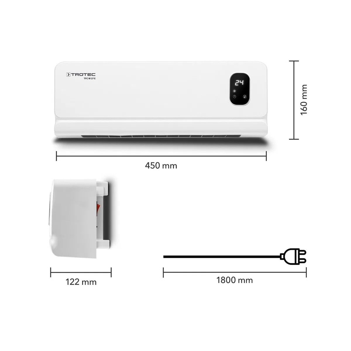 TROTEC TFC-W 27 E Radiateur soufflant mural, 2000 W, chauffage d'appoint, télécommande et détection de fenêtre ouverte, minuterie