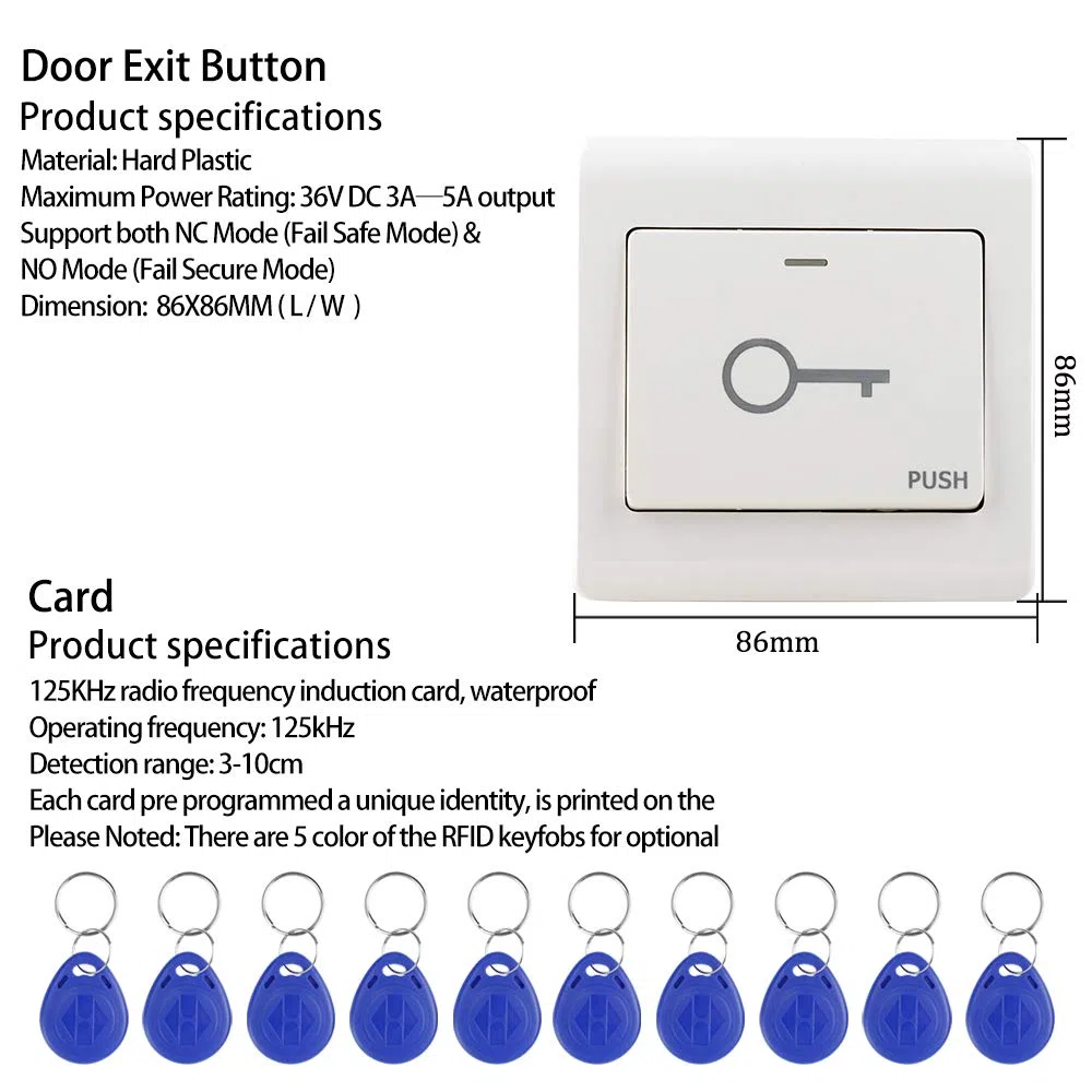 KDL Kit Complet de système de contrôle d'accès RFID Clavier Autonome avec Verrouillage de gâche électrique de Type NO, Alimentation DC12V / 3A, Interrupteur de Porte, 10pcs étiquettes de clé RFID