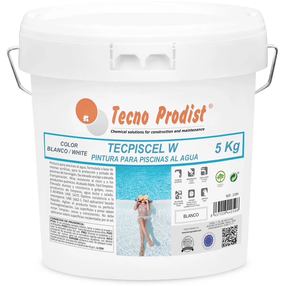 Tecno Prodist TECPISCEL W Peinture pour piscines, 5 kg, blanche, haute résistance et durabilité, forte opacité, flexibilité, adhérence, application facile
