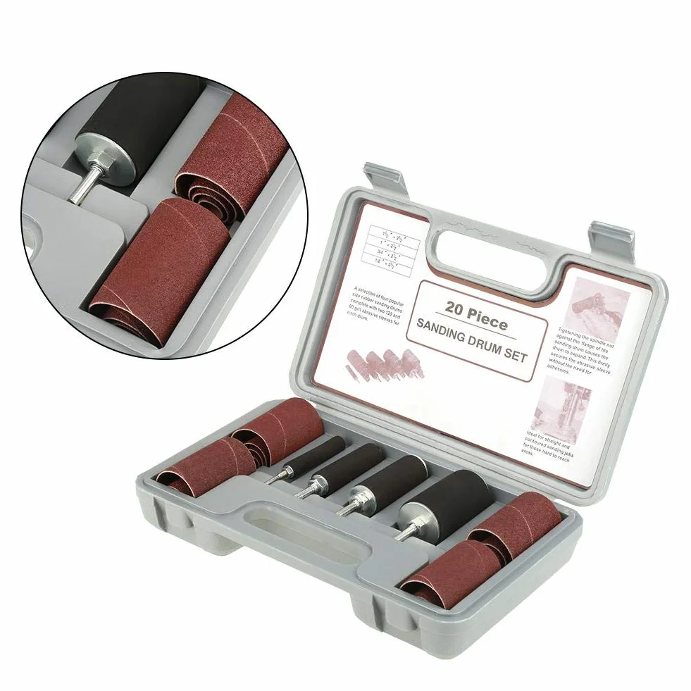 Ensemble de ponceuses à tambour, ensemble d'outils de ponceuse à broche 20 pièces avec étui de rangement solide pour perceuse, ensemble de ponceuses à tambour