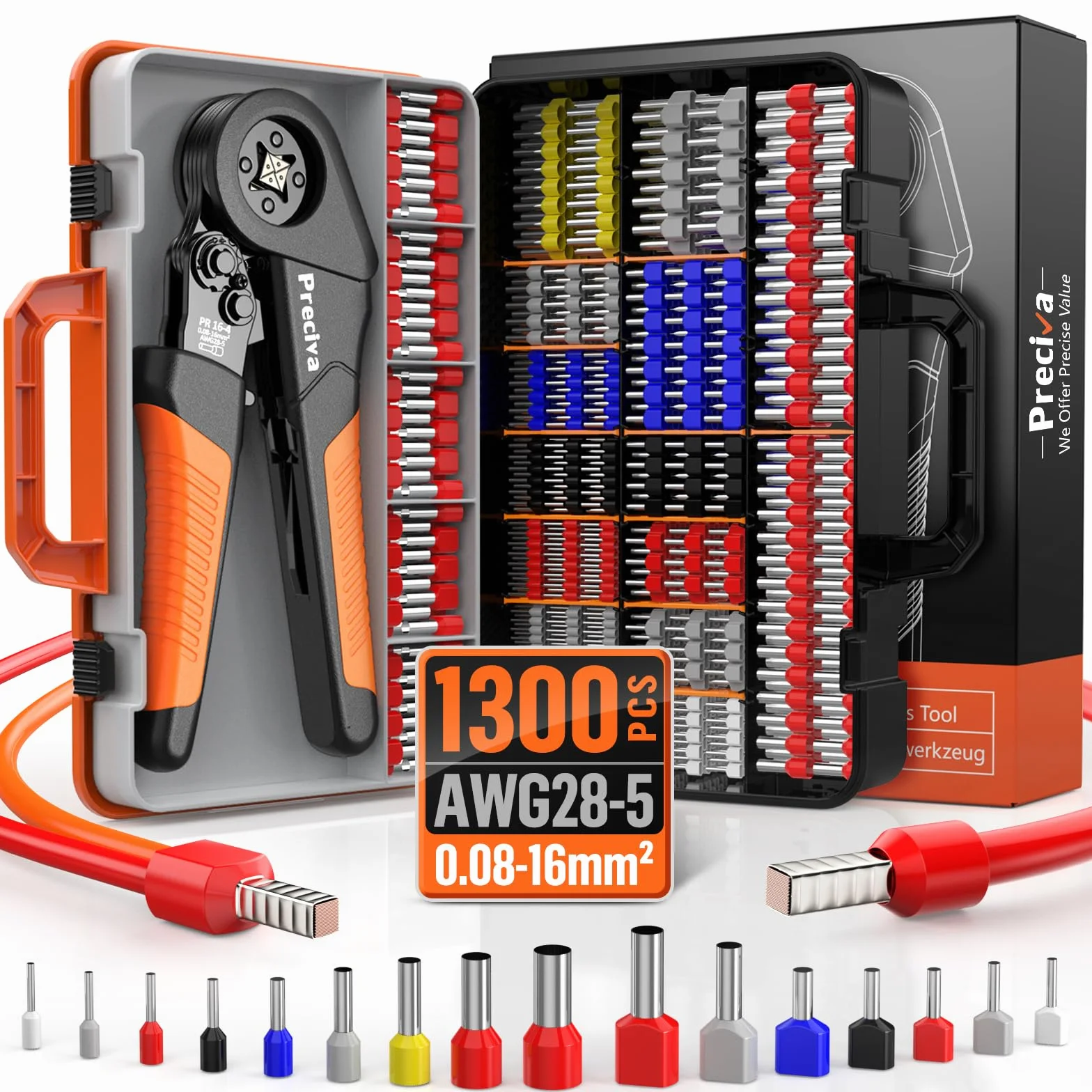 Preciva Pince à Sertir 0.08-16mm² avec 1300 Cosses Electriques (350 Double Embouts), Mécanisme Cliquet Réglable, Poignée Ergonomique Anti-Fatigue Pour Câbles Isolés/Non Isolés, avec Boîte de Rangement