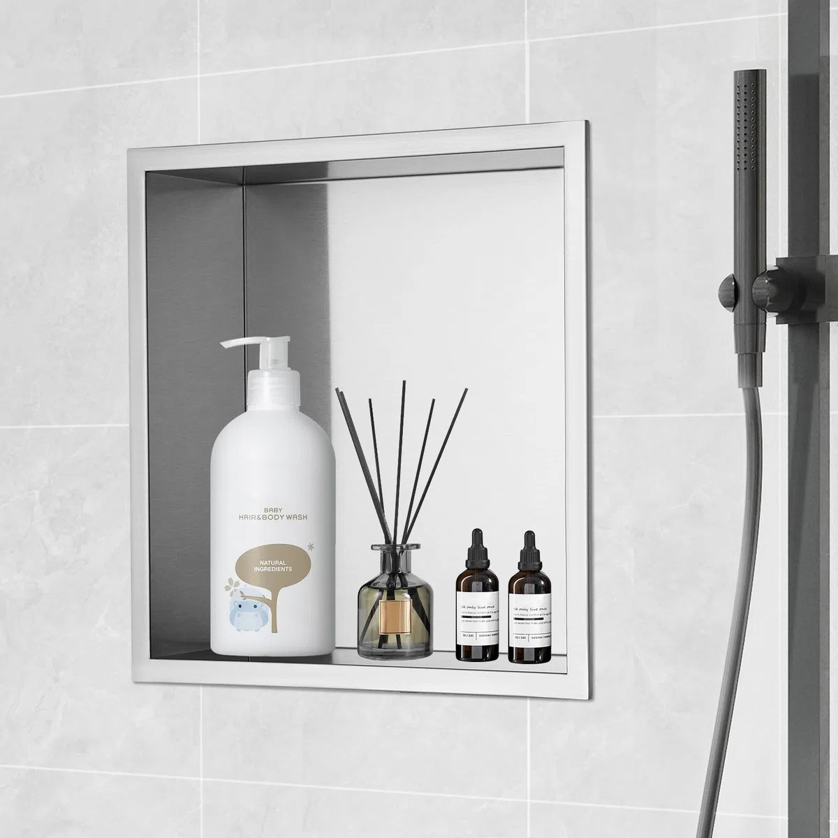 VEVOR Niche Encastrable Salle de Bain 33,02x33,02 cm Niche Douche Murale Double Étagère Acier Inoxydable 304 Scellée Étanche Facile à Nettoyer Moderne pour Stockage Savon Douche Salle de Bains, Argent