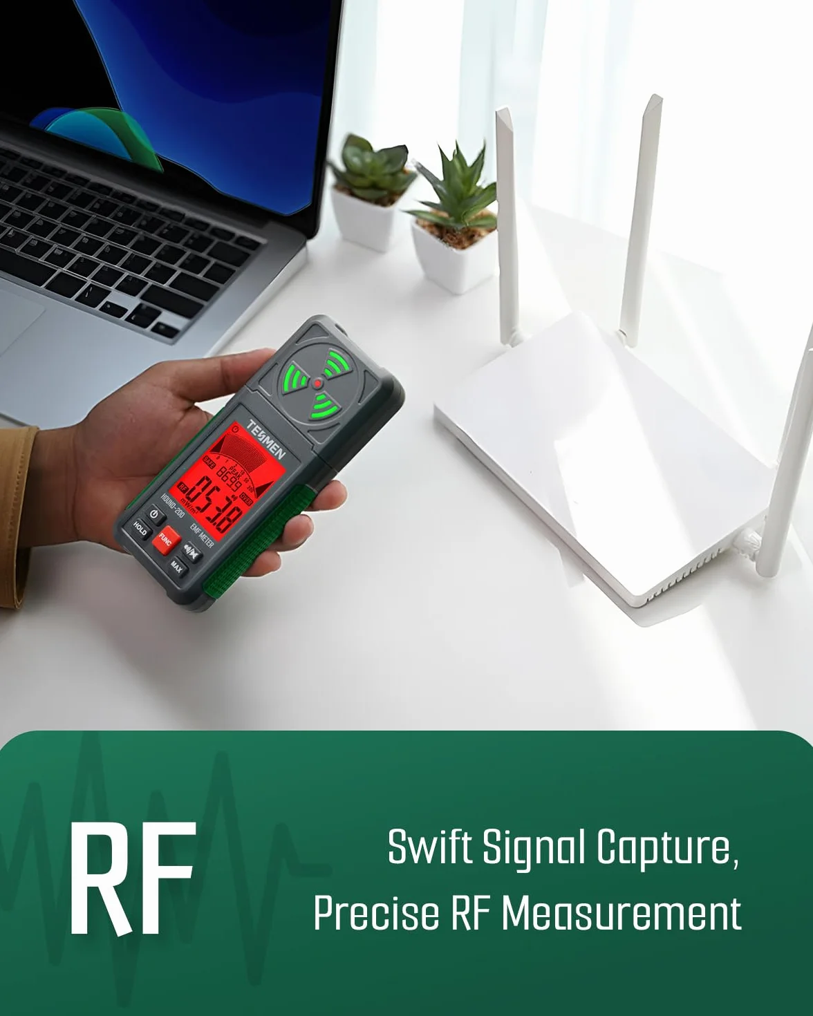 TESMEN Hound-200 Compteur EMF, Détecteur de Radiation de Champ Électromagnétique Portable 3-en-1 pour EF RF MF, pour les inspections EMF à domicile, en extérieur, et la chasse aux fantômes - Vert