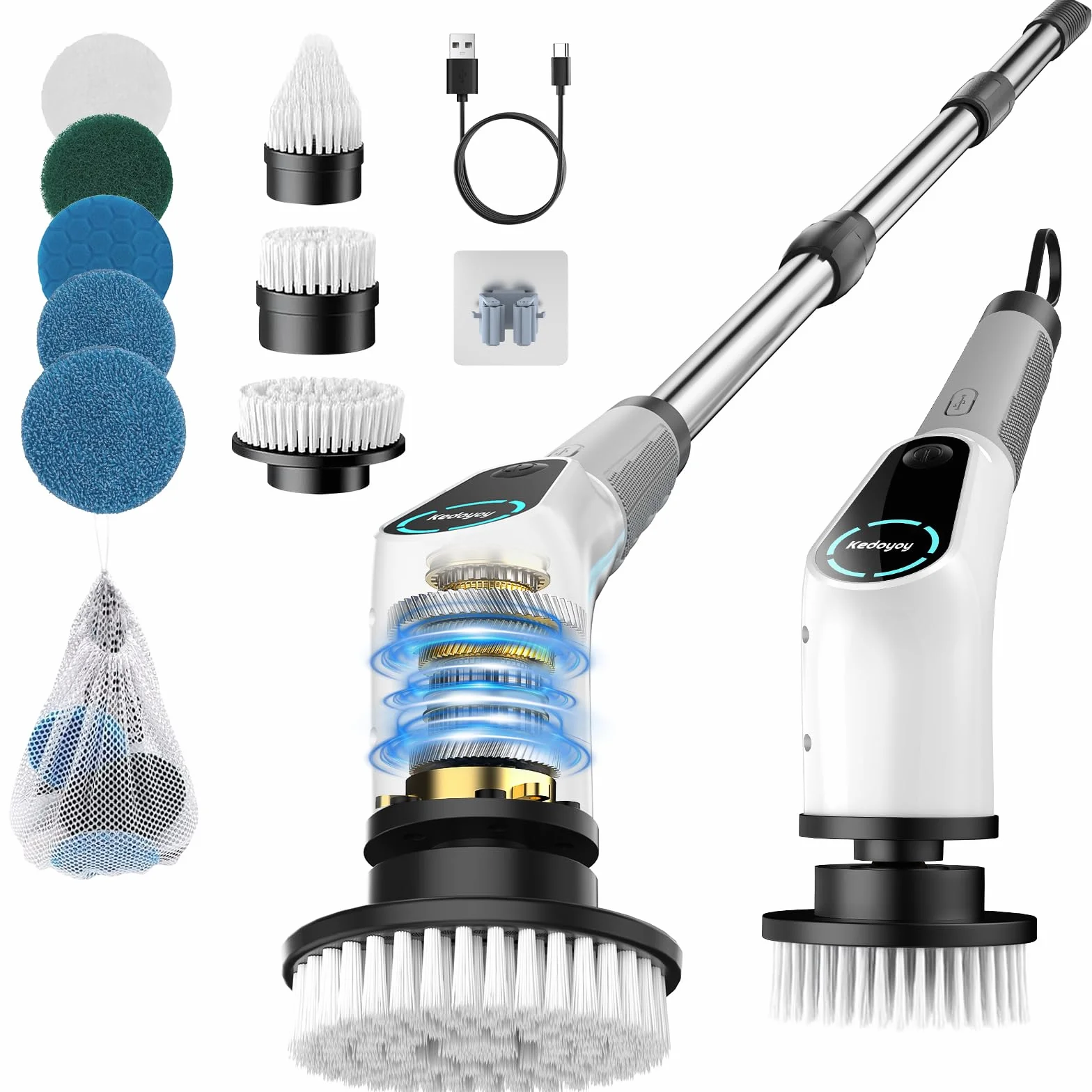 Brosse de Nettoyage électrique Rotative, Brosse de Douche avec 8 Têtes de Brosse Remplaçables, Electric Spin Scrubber avec Manche Extensible, 2 Vitesses Réglables, pour Baignoire, Coulis, Carrelage