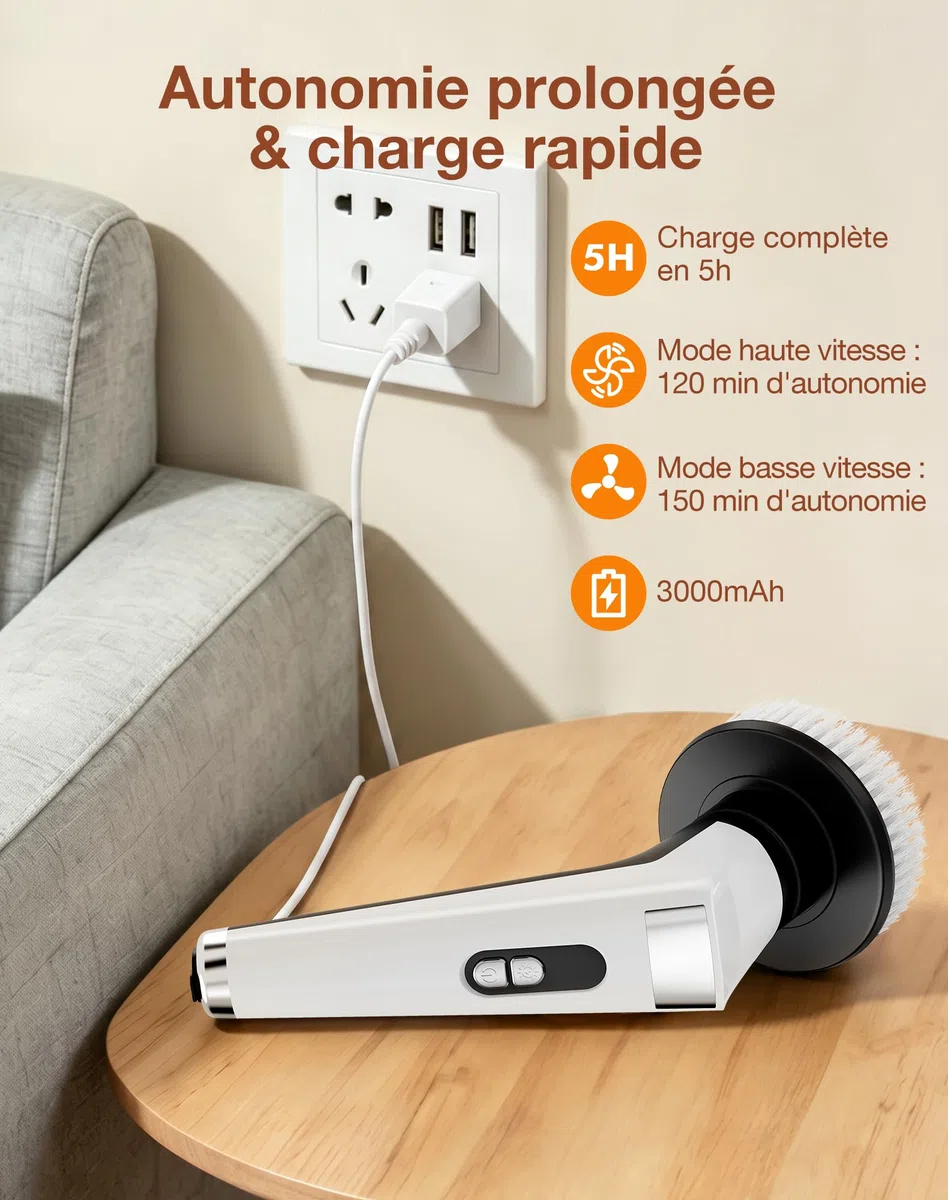 Brosse Nettoyage Électrique avec 9 Têtes, Manche Extensible, 3 Vitesses, Étanche IPX8, Batterie de 3000 mAh, Brosse Rotative Nettoyage avec Éclairage LED pour Salle de Bain, Cuisine, Sols