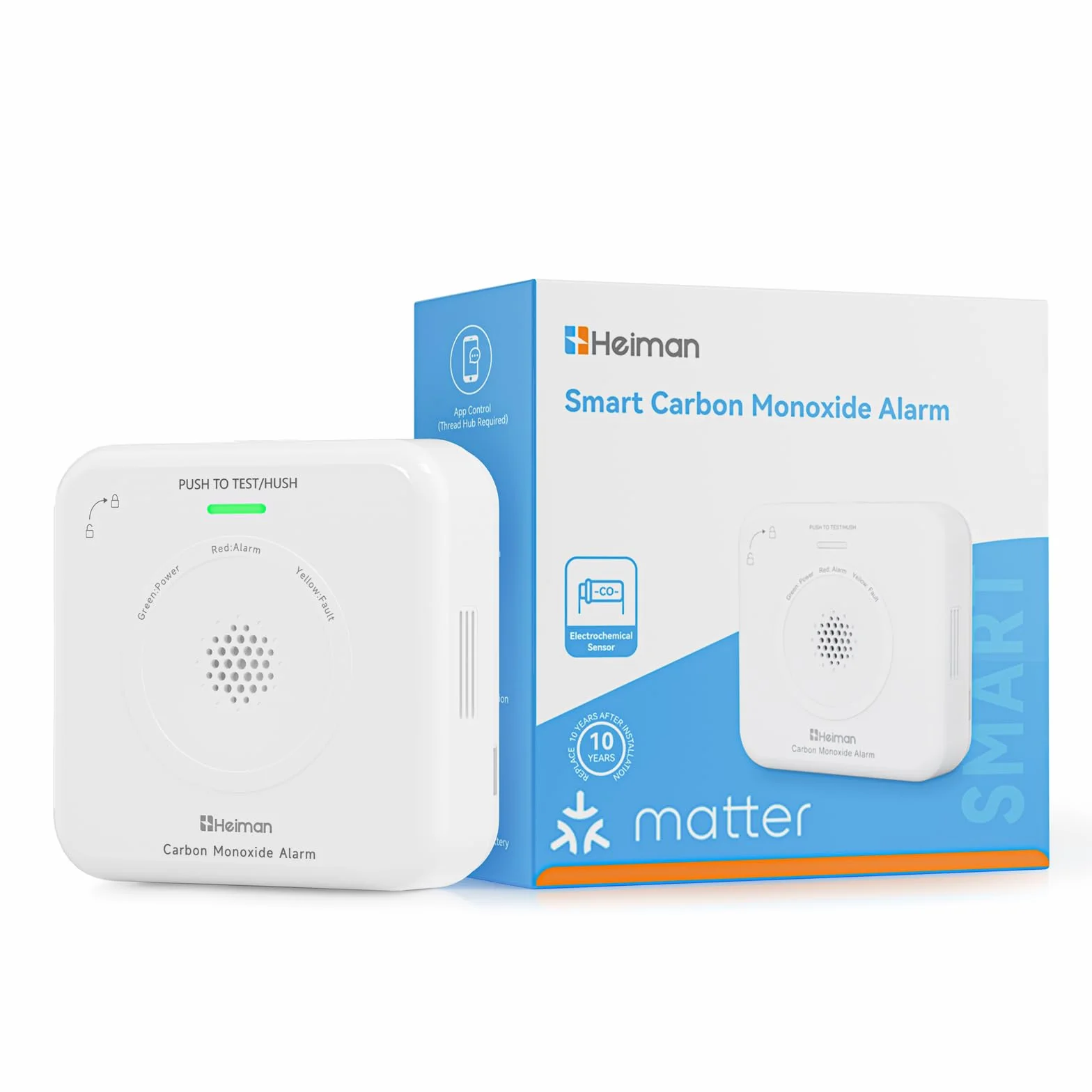Heiman Détecteur de Monoxyde de Carbone Intelligent Matter (Hub Requis) - Détecteur CO pour SmartThings & Home Assistant, Certifié en 50291, Piles AA Remplaçables, Capteur 10 Ans, 85dB, HS-725ES-M