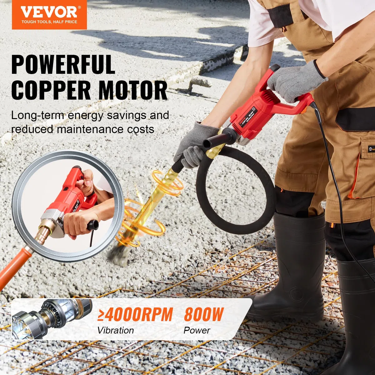 VEVOR Vibrateur à Béton Électrique, 800 W, Outil Vibrant Portatif pour Béton avec Arbre 1,5 m, 4000 tr/min, Vibration 13000 VPM, Vibreur à Ciment Portable pour Éliminer Bulles d'Air, Mélanger le Béton