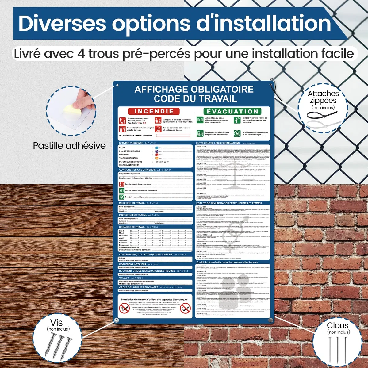 affichage obligatoire entreprise 2026 – Kit 9 Panneaux en PVC Rigide – Surface Brillante Effaçable – Impression UV Haute Définition – Adhésif Intégré et Trous de Fixation Inclus