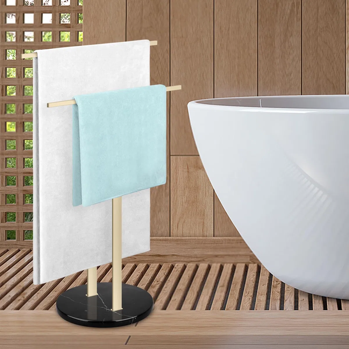 Porte Serviette Salle de Bain Support Serviette sur Pied 2 Barres avec Base Blanche Marbre Porte-Serviettes pour Plancher Sol Acier Inoxydable SUS304 en Forme de T (Or, Socle en Marbre Noir)