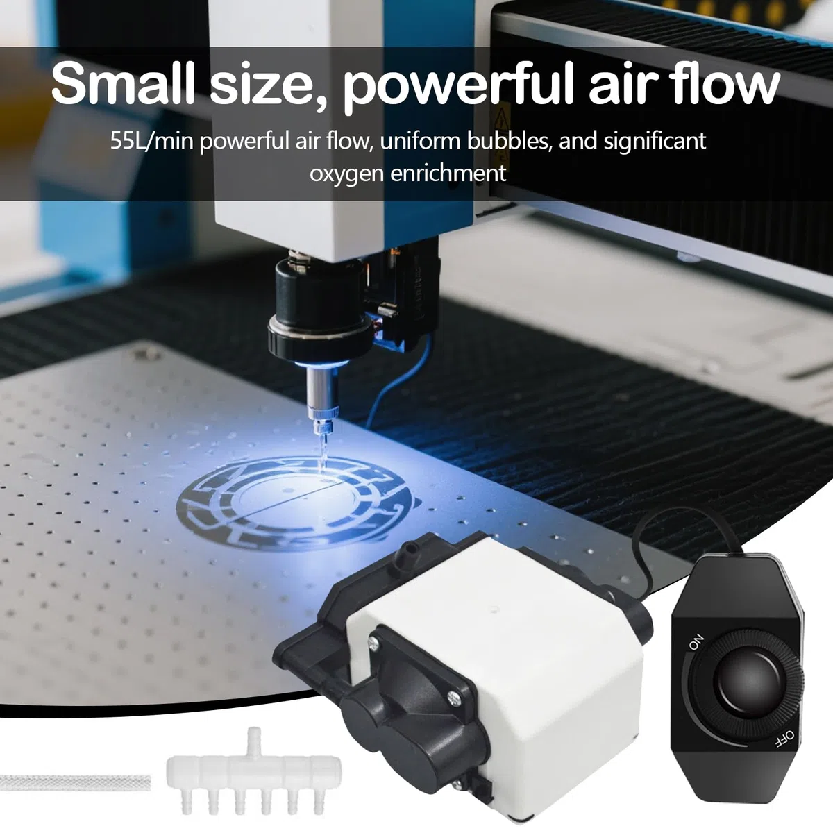 Air Assist, Pompe d'Assistance Pneumatique pour Découpeuses et Graveuses Laser Débit d'Air Réglable 55 L/min 220V 25W Faible Niveau Sonore Coupe Nette des Bords Lisses