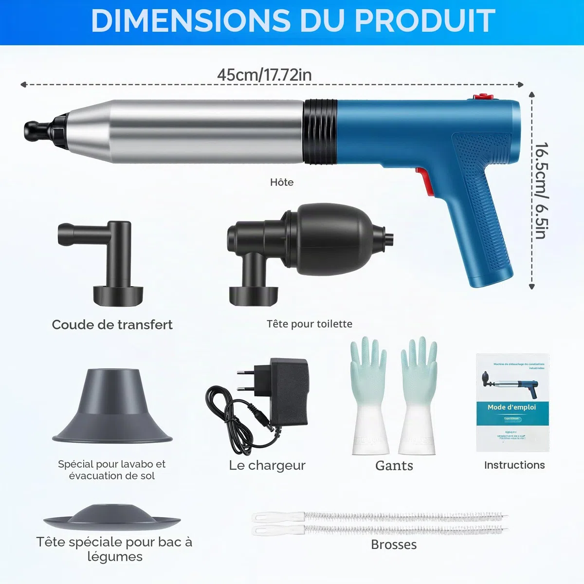 Électrique Déboucheur de Canalisations, Électrique Déboucheur à Ventouse, Air Comprimé Déboucheur de Furet pour Toilette, WC, Lavabo, Douche