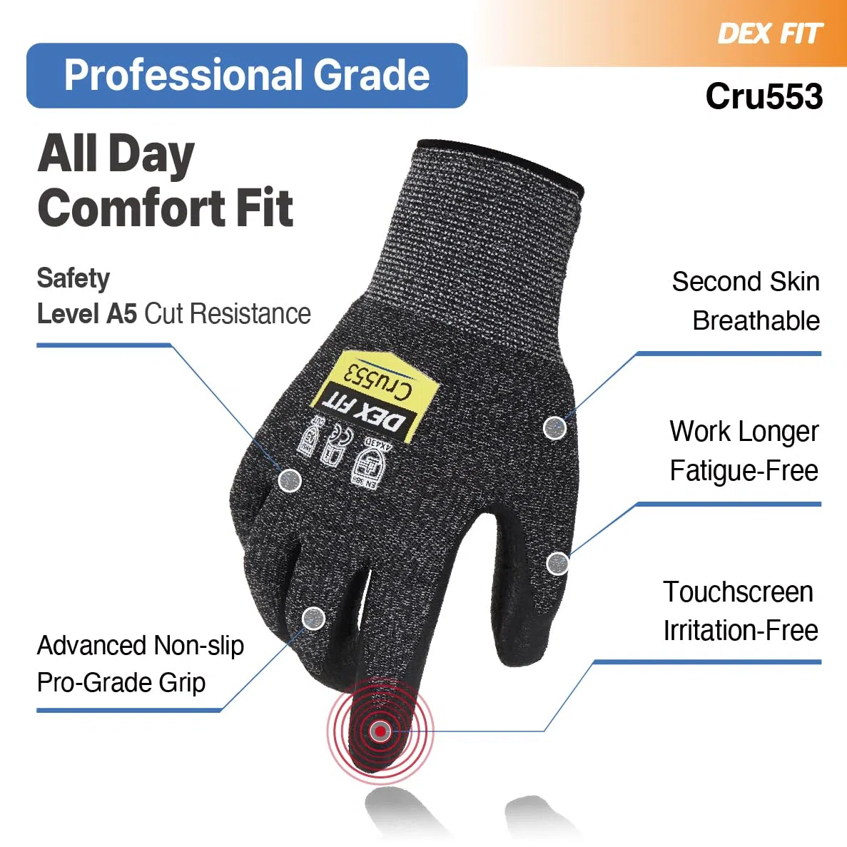 DEX FIT Cru553 Gants Anti-Coupure Niveau 5, Power Grip Antidérapant, Confort 3D comme à Mains Nues, Fins & Légers, Respirants, Compatibles Écran Tactile, Lavables; Prime Gris 9 (L) 1 Paire