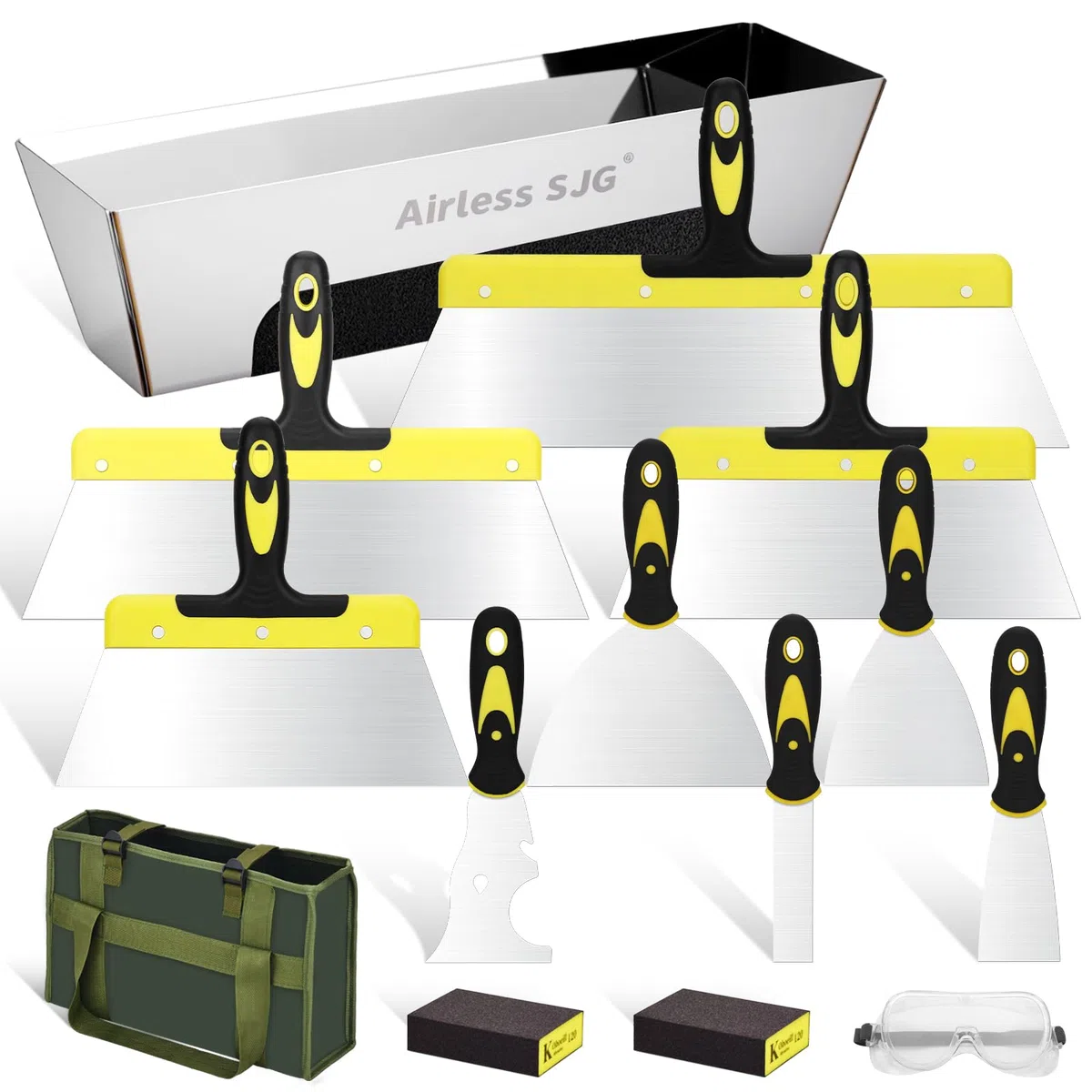 Kit 14pcs Outils Plaquiste Professionnel, Couteaux à Mastic et Enduire en Acier Inoxydable 304, Bac à Enduit 35cm, Éponges Abrasives Réutilisables, Sac de Transport Oxford – Rénovation Maison