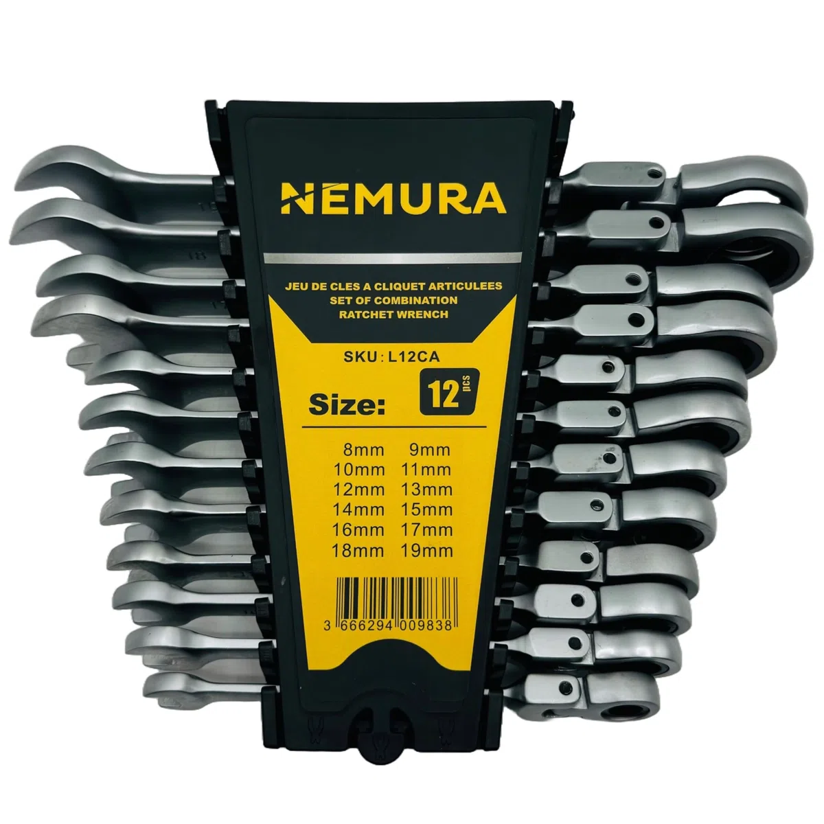 Nemura Coffret cliquet articulées de 12 pcs 8-19mm - Acier Chrome Vanadium - Livrées avec un Support de Rangement - Coffret cles Outils bricolage - Qualité Professionnelle -Marque Française