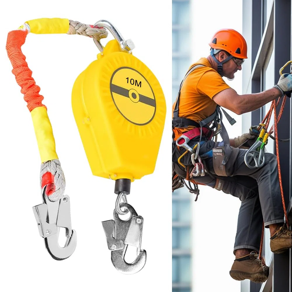Dispositif Antichute a Rappel Automatique, 10m Protection Antichute Rétractable, Harnais de Securite Anti Chute Rétractable Toiture et Travaux Aériens, 150 KG Maximale(Jaune,10m)