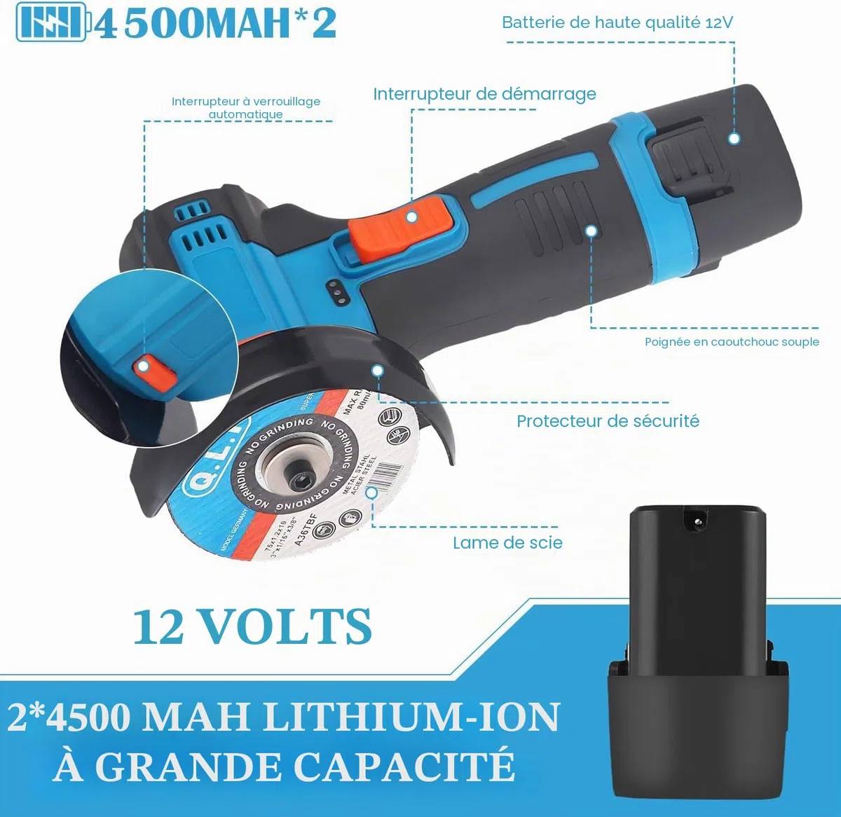 Mini Meuleuse D'Angle Sans Fil 19500RPM 12V Professional Disqueuse Sans Fil avec 2 batteries 4500mAh, 7 Disques à Tronçonner 75mm, Meuleuse d'angle pour Couper, Polir et Poncer