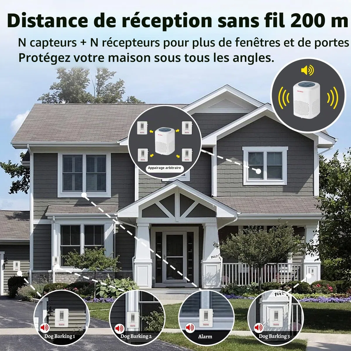 Détecteur de mouvement d'alarme d'aboiement de chien, détecteur de sécurité domestique sans fil de 300 mètres, kit de cloches de porte (lot de 1 capteur + 1 récepteur)