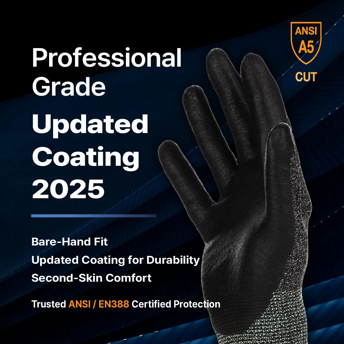 DEX FIT Cru553 Gants Anti-Coupure Niveau 5, Power Grip Antidérapant, Confort 3D comme à Mains Nues, Fins & Légers, Respirants, Compatibles Écran Tactile, Lavables; Prime Gris 9 (L) 1 Paire