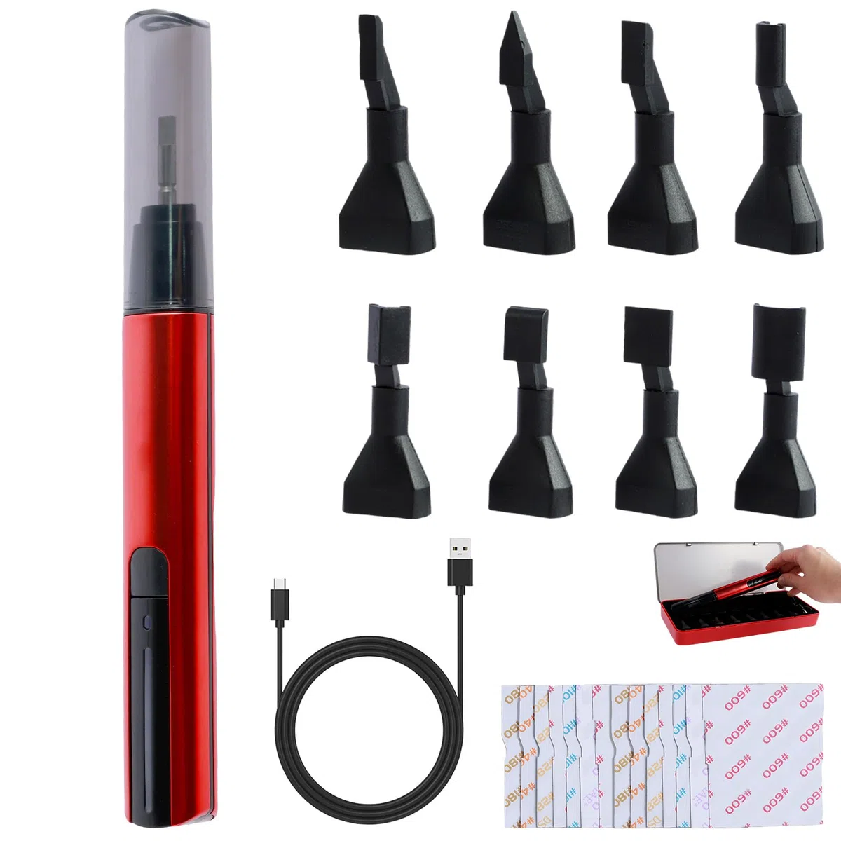 Ponceuse sabre avec 8 têtes abrasives, 12 types de papier de verre, mini stylo abrasif électrique, protection surcharge, 3 vitesses, charge USB rapide