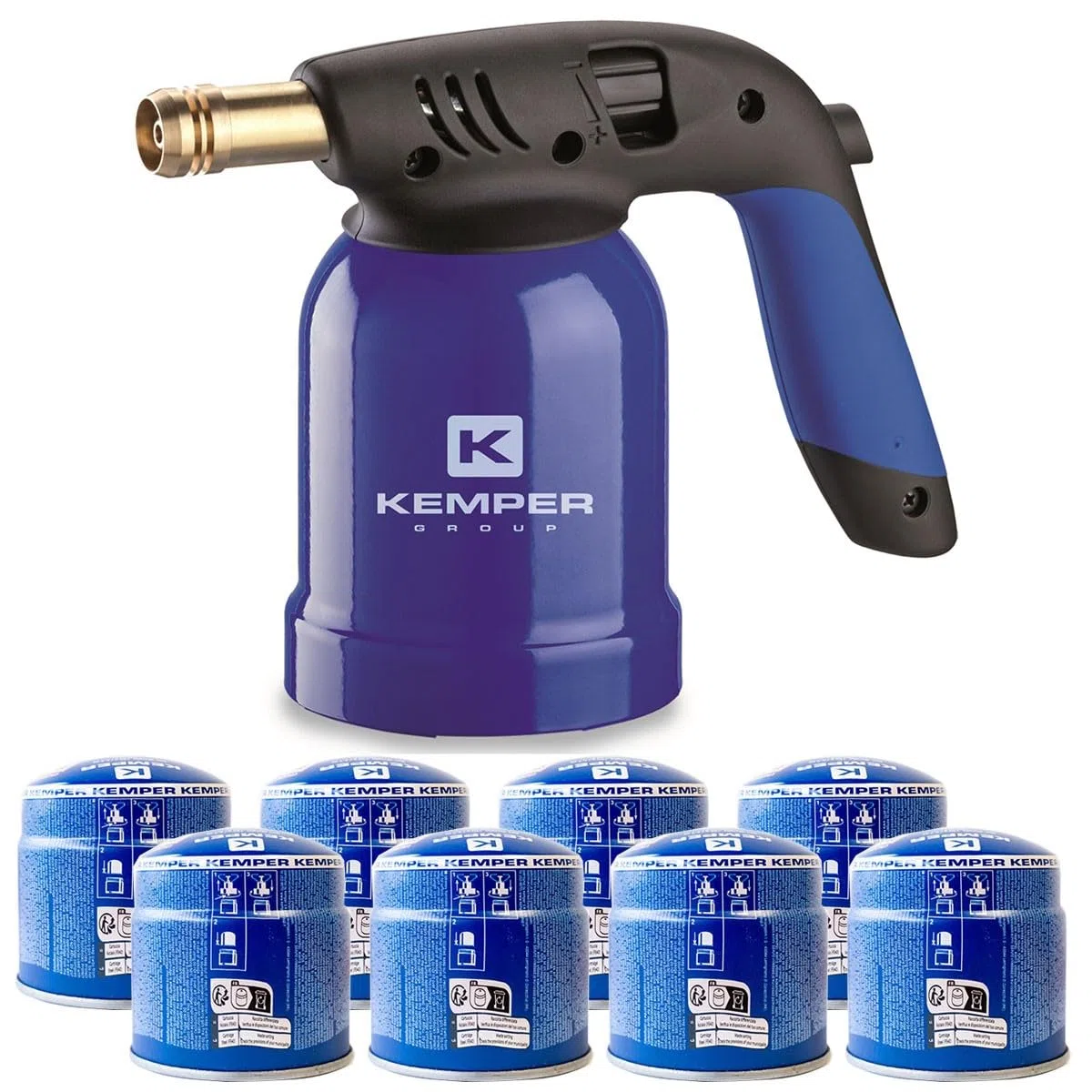 KEMPER - Lampe à Souder Allumage Piezo + 8 Cartouches Gaz 190g - Chalumeau de Soudure 1200°C Multi-Usage : Plomberie Bricolage Cuisine Corps Acier Robuste Autonomie 8h
